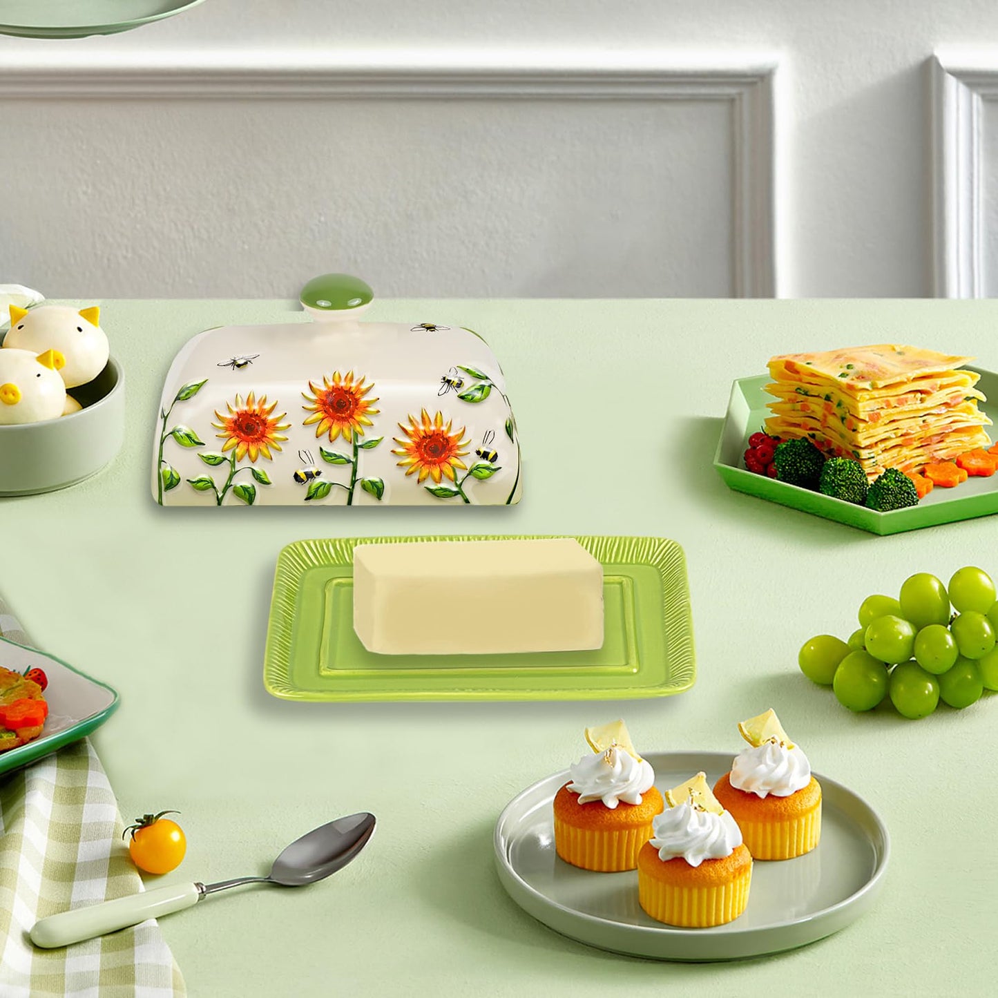 Butter Dish with Lid for Countertop, Sunflower Butter Keeper Holder, 7.5”x4.3” Large Ceramic Butter Tray Storage Sunflower Decor Valentine's Day Mother's Day Gifts