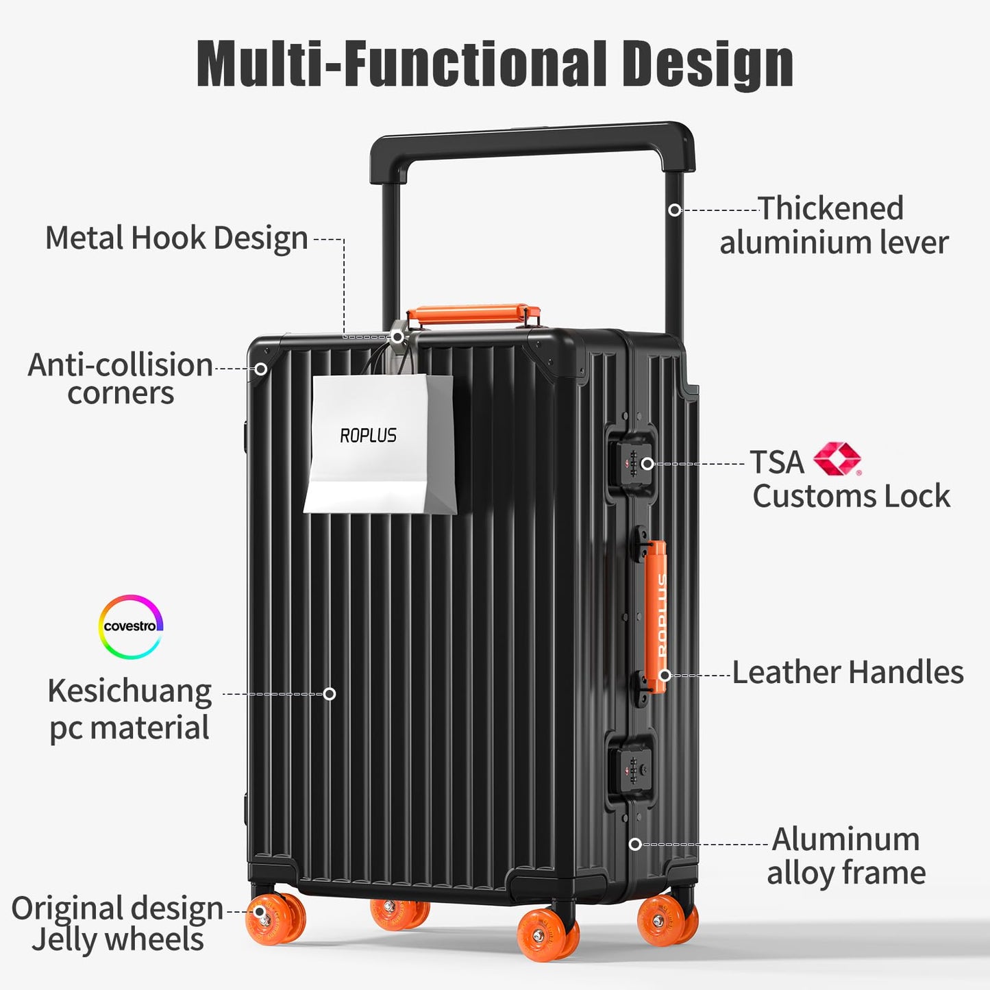 ROPLUS Aluminium Frame Checked- In Luggage with Smooth Jelly Wheels, Hardside Zipperless Rolling Suitcase with TSA Lock (BlackOrange, 28-Inch)