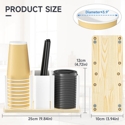 XILIMEN Cup and Lid Holder with Straw Organizer, 3 Compartment Coffee Cup Holder Organizer, Coffee Cup Dispenser for Coffees Station Home Countertop, for Disposable Paper & Plastic Cups, White