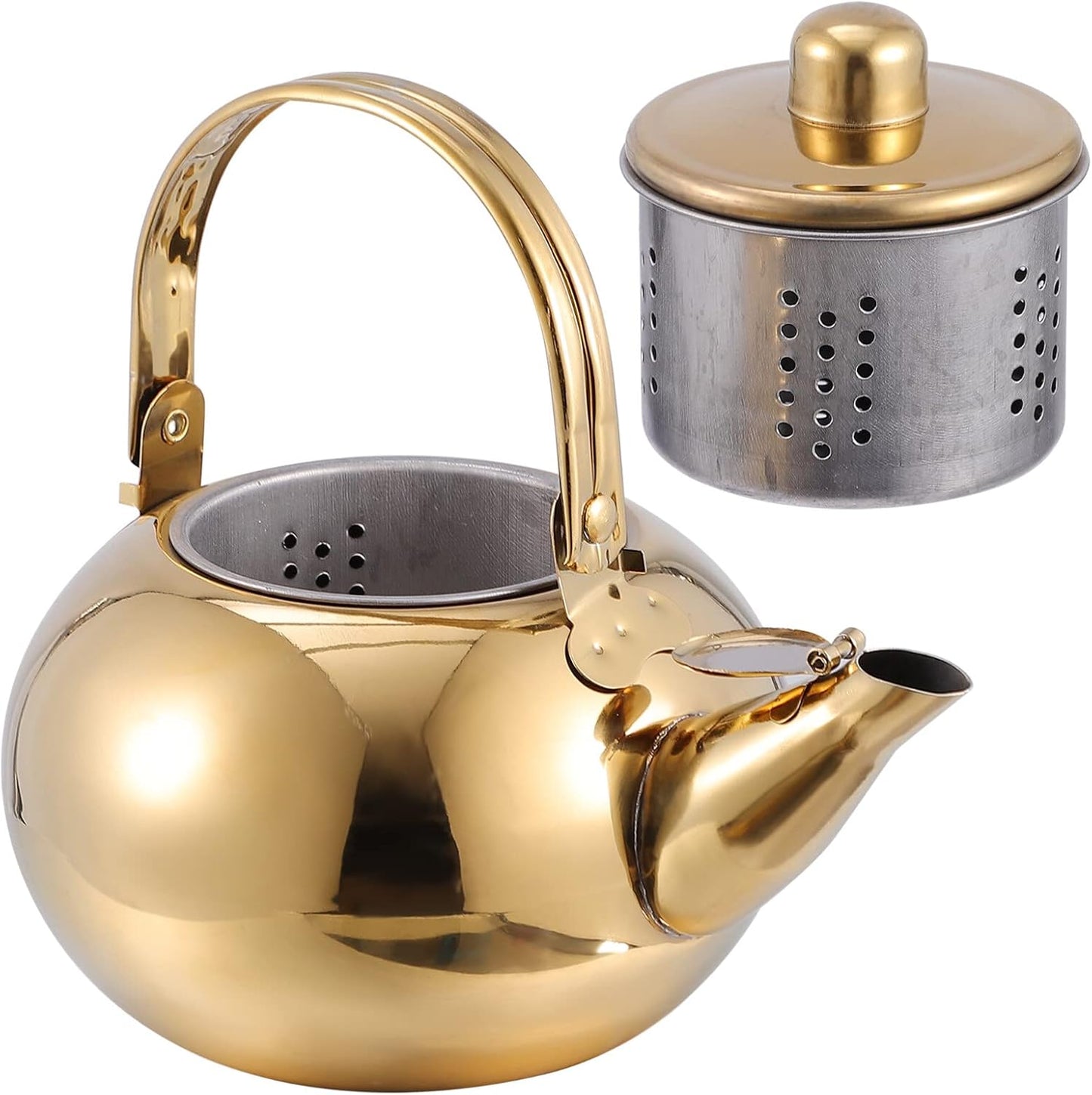 Hemoton Stainless Steel Tea Pot with Infuser, 1L/34 OZ Stovetop Kettle for Loose Leaf Tea, Golden Camping