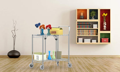 Luxor WSCC-2 Two-Shelf Collapsible Wire Utility Cart with Wheels, Push Heavy Duty,Holds 200 Pounds and Folds Up for Storage, 37"W x 18.25"D x 30.5"H