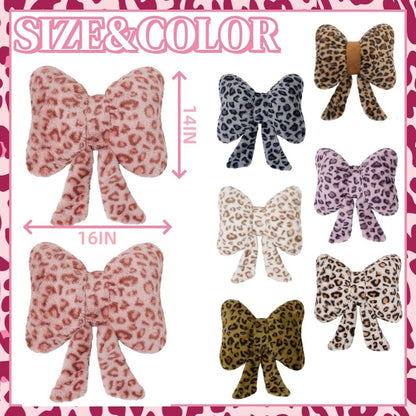GKWW 2 Pack Cute Leopard Print Bow Throw Pillows Furry Cheetah Bownote Plush Pillow Decor Bow Lumbar Suffed Pillow for Home Living Room Bedroom Bed Couch Cushion