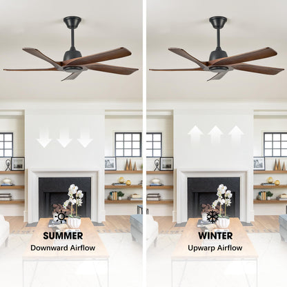 LVYEAYOU 52 Inch Solid Wood Ceiling Fan No Lights, Remote and APP Control, DC Motor, 6-speed Reversible, for Bedroom, Living Room, Office, Dark Walnut