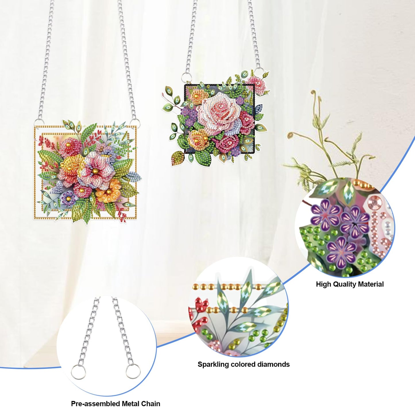 LazyFold 2 Pcs DIY Acrylic Diamond Art Painting Flowers Kits Special Shaped Rhinestone 5D Diamond Art Window Pendants Home Garden Wall Hanging Kits Hanging Ornament