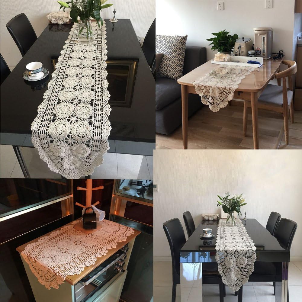 14x48 inch KEPSWET Cotton Handmade Crochet Lace Oval Table Runner Dresser Console Coffee Table TV Stand Decor Beige