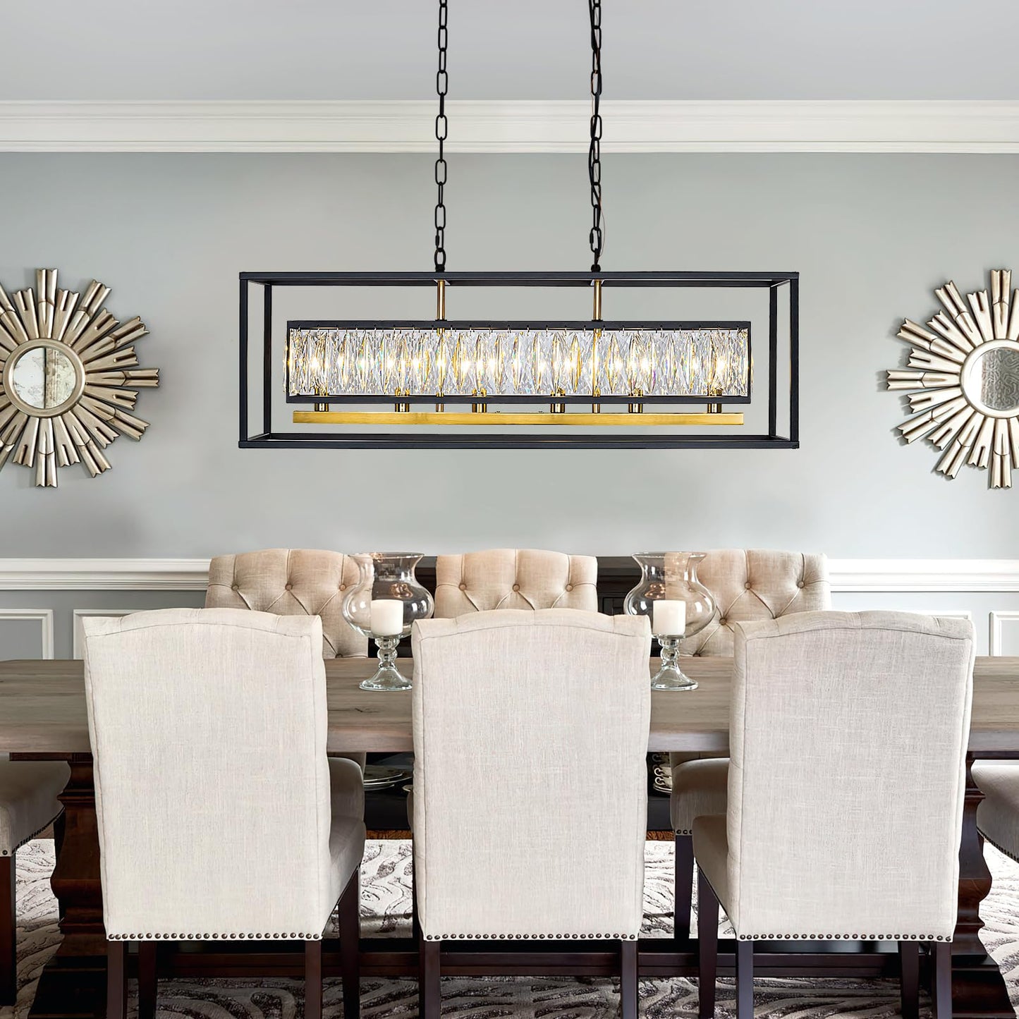 Vezzio Modern Crystal Chandelier for Dining Room 6-Light Luxury Black and Gold Rectangle Contemporary Hanging Adjustable Pendant Light Fixture Over Table for Kitchen Island, L35 Inch