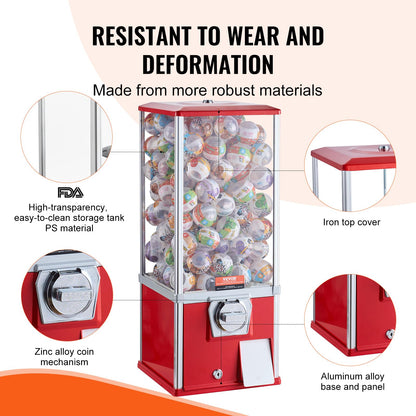 VEVOR Gumball Machine for Kids, 25" Height Home Vending Machine, PS Bouncy Balls Dispenser, Hold 230 Capsule Toys, Rectangle Bubble Gum Machine for Game Stores, Coin Operated Gumball Bank, Red