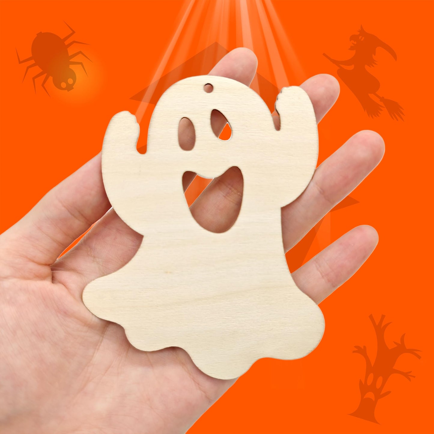 CANDEOLA 60-Pcs 4" Unfinished Halloween Wooden Cutouts Ornaments for Halloween Party Haunted House DIY Hanging Crafts Decorations (10cm, 6 Shapes, 10 Pcs/Shape)