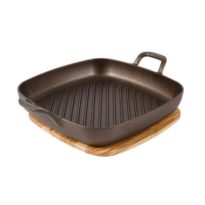 Bloomhouse - Two Time Oprah's Favorite Things Winner - Natural Bronze Finish 12" Square Cast Iron Grill Pan – Olive Oil Treated Surface w/Dual Handles & Olive Wood Trivet, Oven Grill Campfire Safe