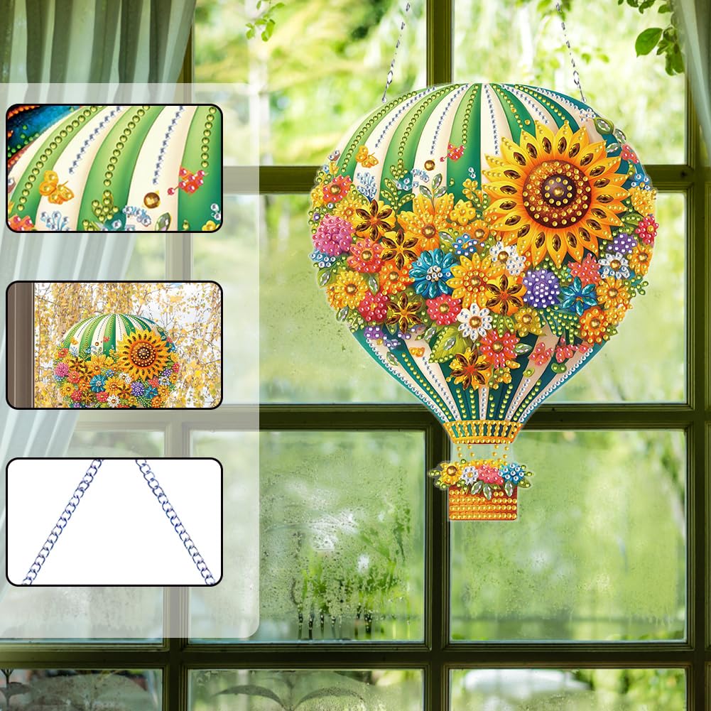 5D Diamond Painting Kits Hanging Pendant Flower Hot Air Balloon, DIY Crystal Art Hanging Sign Special Shaped Gem Art Ornament Kit for Home Décor and Gift, Double Sided, Box Package (Yellow-02)