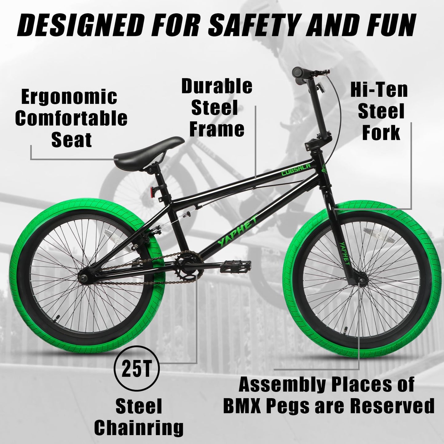 cubsala Freestyle BMX Bike, 20 Inch Yaphet Bicycle for Teen Beginner and Adult Riders, Bike with Hi-Ten Steel Frame, Black with Green Tires