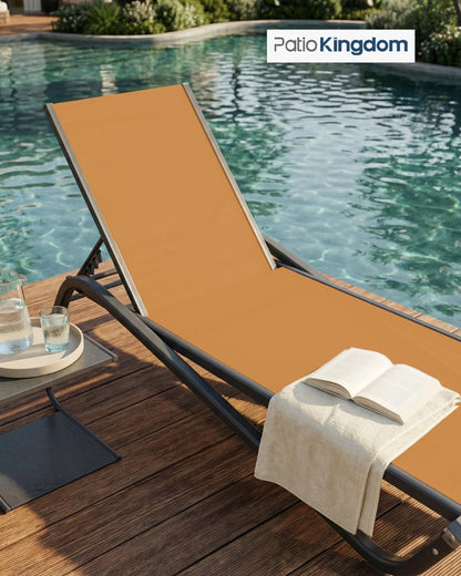 Patio Kingdom 3-Piece Patio Chaise Lounge Set with Side Table, Set of 2 Adjustable Pool Chairs and Aluminum Bistro Table, All-Weather Outdoor Furniture for Pool Deck, Patio & Tanning, Solar Orange