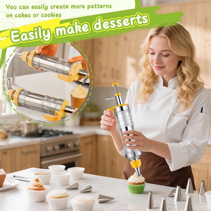 NOVANO Dessert Decorating Syringe Set, Frosting Piping Kit Stainless Steels Cake Decorating Kit with 54 Piping Tips & 9 silicone cupcakes, Cupcake Decorating Kit Piping Bags and Tips Set (Yellow)