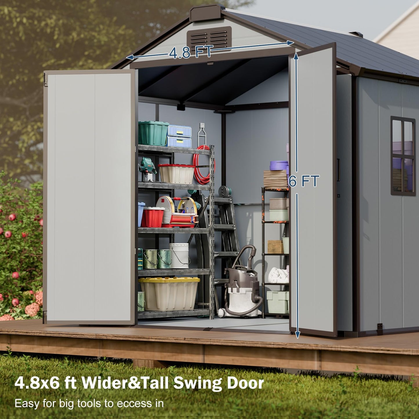 8x6 FT Resin Storage Shed with Floor Windows Lockable Double Door Vents, Easy Assembly All Weather Waterproof Durable Plastic Outdoor Sheds for Backyard Garden Storage Tools Lawnmover, Gray