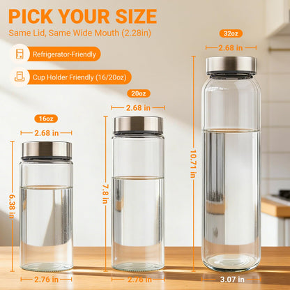 Cafezi 16 oz Wide Mouth Glass Juice Bottles with Stainless Steel Lids, Leakproof, Airtight, Reusable, Dishwasher Safe, Cup Holder Friendly, Brush Included, for Juicing, Smoothie, Infused Water, 4 Pack