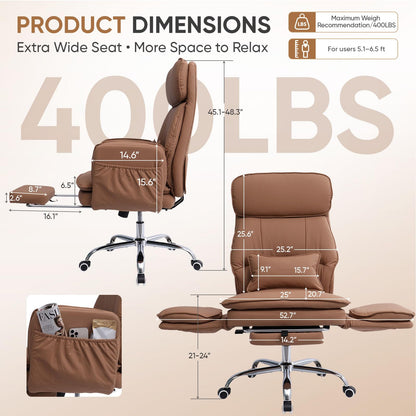 EGSEAT Big and Tall Office Chair with Flip Armrests, Cross Legged Office Chair with Storage Pockets, Comfortable Reclining Computer Chair with Foot Rest, Wide Home Office Desk Chair, Leather Brown