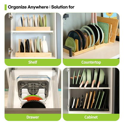 Pots and Pans Organizer under Cabinet, Bamboo Expandable Bakeware and Cutting Board Organizers, Adjustable Pot Lids Holder Rack, Cookie Sheet Baking Pan, Tray Organizer for Kitchen Storage (Natural)