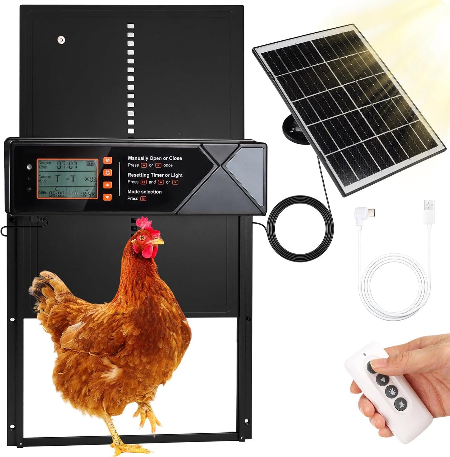 4 7W Automatic Chicken Coop Door Solar Powered, Modes Automatic Chicken Door with Timer & Light Sensor, Solar Charging