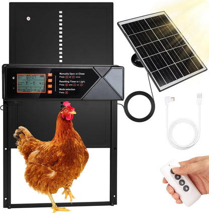 4 7W Automatic Chicken Coop Door Solar Powered, Modes Automatic Chicken Door with Timer & Light Sensor, Solar Charging