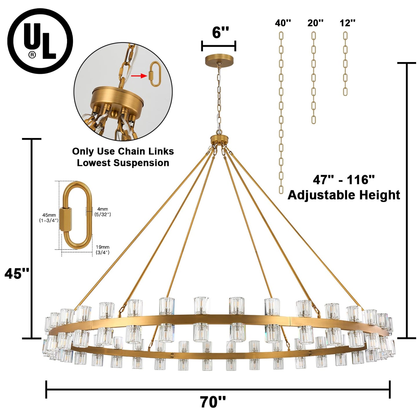 AEULYTIR 70 Inch Gold Wagon Wheel Chandelier with Crystal Shade, 72 Lights, Modern Farmhouse Style, Ideal for Dining Room, Kitchen, Entryways