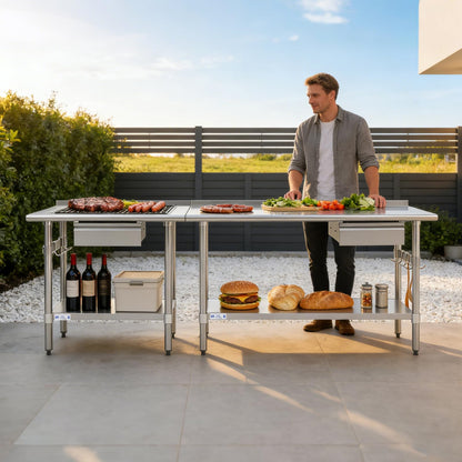 Hally Stainless Steel Prep Table 24 x 48 Inch with Backsplash, NSF Certified Commercial Work Table with Drawer, Removable Stainless Steel Pan, Undershelf and Side Hook for Restaurant, Home, Garage