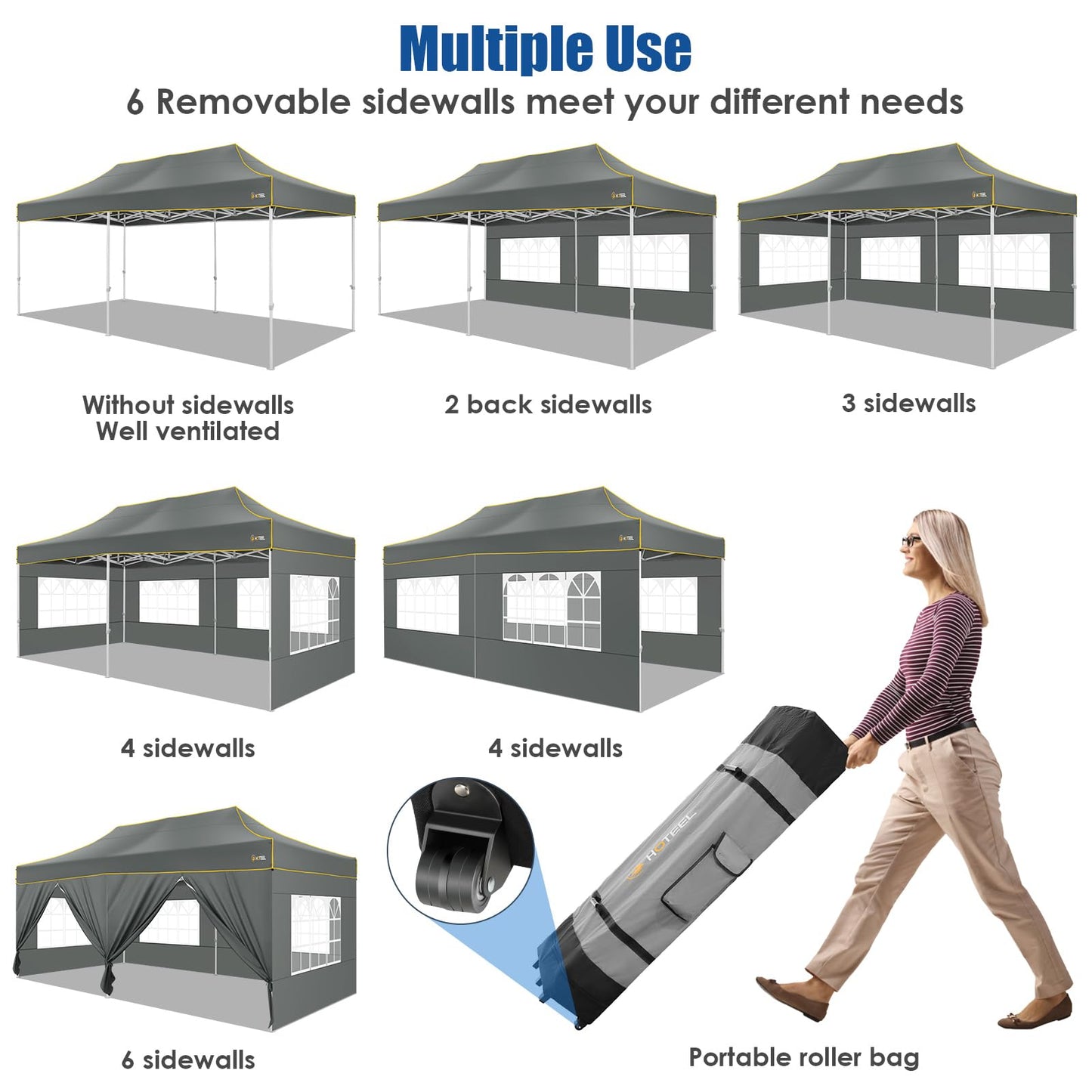 HOTEEL 10x20 Heavy Duty Pop up Canopy Tent with 6 Sidewalls, Easy Setup Outdoor Commercial Instant Gazebo for Parties Wedding Event, with Roller Bag & Sand Bags, Gray(Hexagonal Frame)