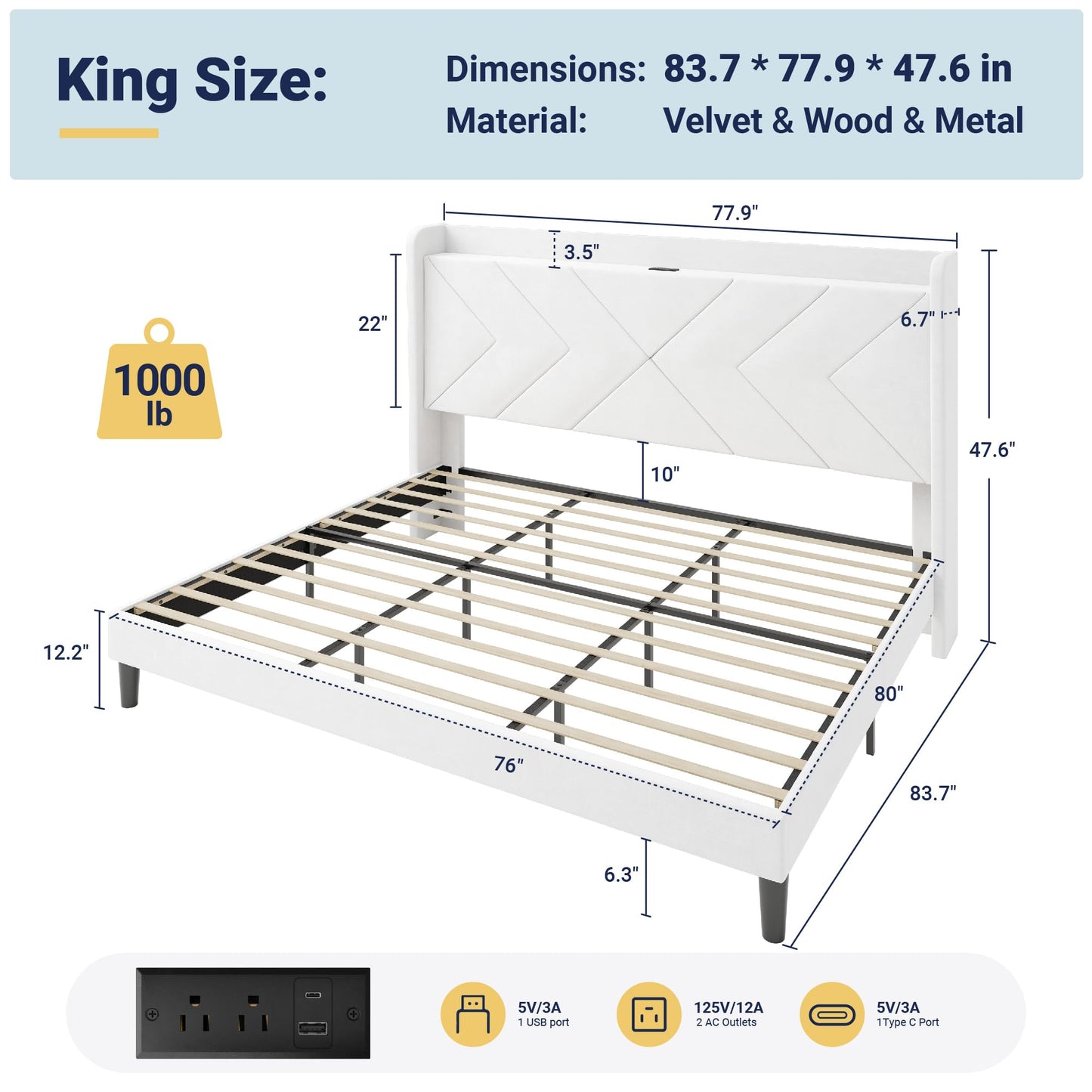 Allewie King Size Platform Bed Frame with Charging Station and Storage Shelf/Upholstered Velvet Wingback Headboard/Wooden Slats Support/No Box Spring Needed/Easy Assembly, White