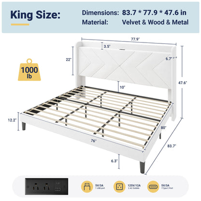 Allewie King Size Platform Bed Frame with Charging Station and Storage Shelf/Upholstered Velvet Wingback Headboard/Wooden Slats Support/No Box Spring Needed/Easy Assembly, White
