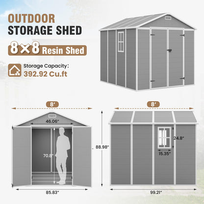 Amopatio 8x8 FT Resin Storage Shed, Outdoor Shed with Floor Included, Plastic Storage Sheds for Bike, Garden Tools, Sheds & Outdoor Storage with Lockable Door, Window & Vents, Grey & White