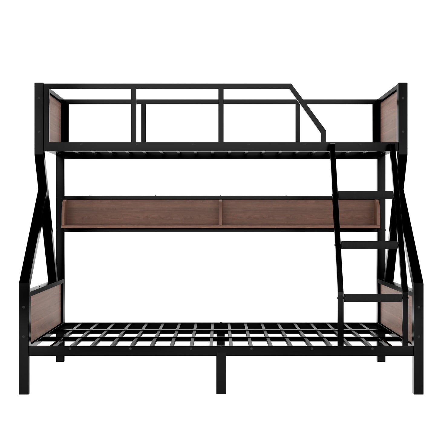 Bellemave Twin XL Over Queen Size Bunk Bed with Storage Shelves and LED Lights,Heavy Duty Adult Bunk Beds with Angled Ladder,Metal Queen Bunk Bed,Black