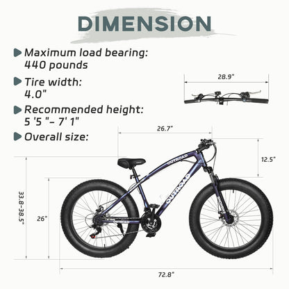Outroad Mountain Bike Fat Tire with 4-Inch Tire 26 inch Wheels, 21 Speed with High Carbon Steel Frame, Double Disc Brake and Front Suspension Anti-Slip Bikes, Purple