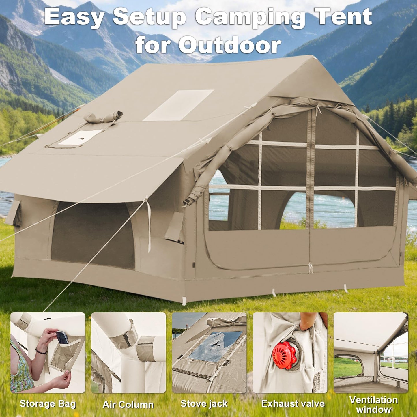4-6 Person Inflatable Tent for Camping with Stove Jack, Hand Air Pump Easy Setup Blow Up Tents for 4 Seasons Waterproof Inflatable Air House Tent for Outdoor Adult
