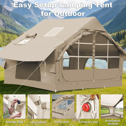 4-6 Person Inflatable Tent for Camping with Stove Jack, Hand Air Pump Easy Setup Blow Up Tents for 4 Seasons Waterproof Inflatable Air House Tent for Outdoor Adult