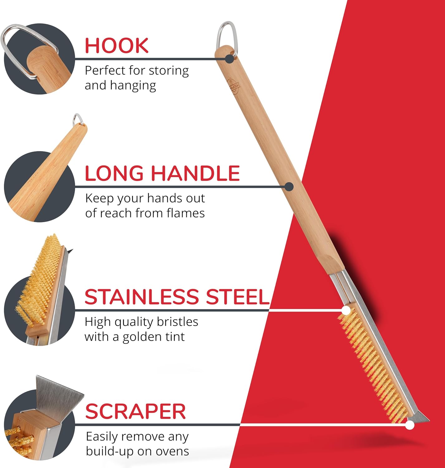 22 Senwosa Pizza Oven Brush with Stone Scraper - Heat Resistant Stainless Steel Bristles, Extra Long Handle - Universal