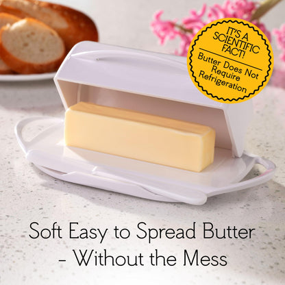 Butterie Flip Top Butter Dish with Attached Lid & Matching Knife - Holds 2 Sticks, Fits Kerrygold/European Butter - BPA Free & Dishwasher Safe - White