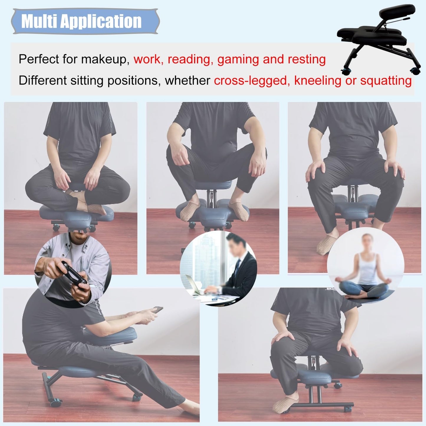 GenSDH Desk Kneeling Chairs Office Chair for Cross Legged Sitting with Wheels, Kneeling Chair to Improve Posture and Relieve Pain, Ergonomic Yoga Meditation,Black-One Size