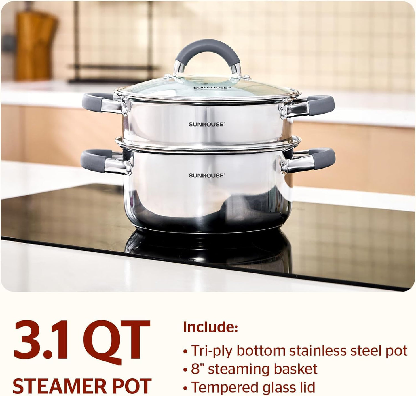 SUNHOUSE 3 Quarts Steamer Pots With Lid, 2-Tier Multipurpose Stainless Steel Steaming Pot Cookware With Stay-Cool Handles, Tri-ply Bottom, Compatible with All Cooktops