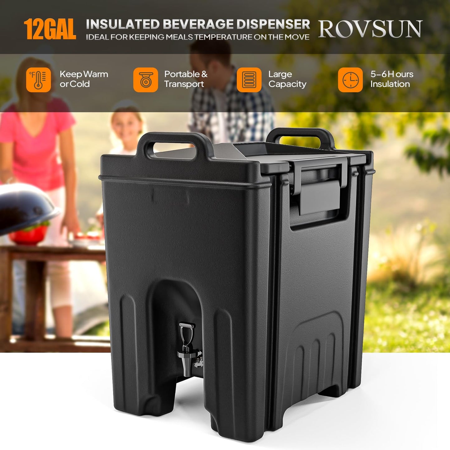 ROVSUN Insulated Beverage Dispenser, 12Gallon Drink Dispenser Food-grade LLDPE, Ice and Hot Drink Server w/Handles, Faucet & 50 Cups, Hot and Cold Beverage Server for Catering Event Party Restaurant