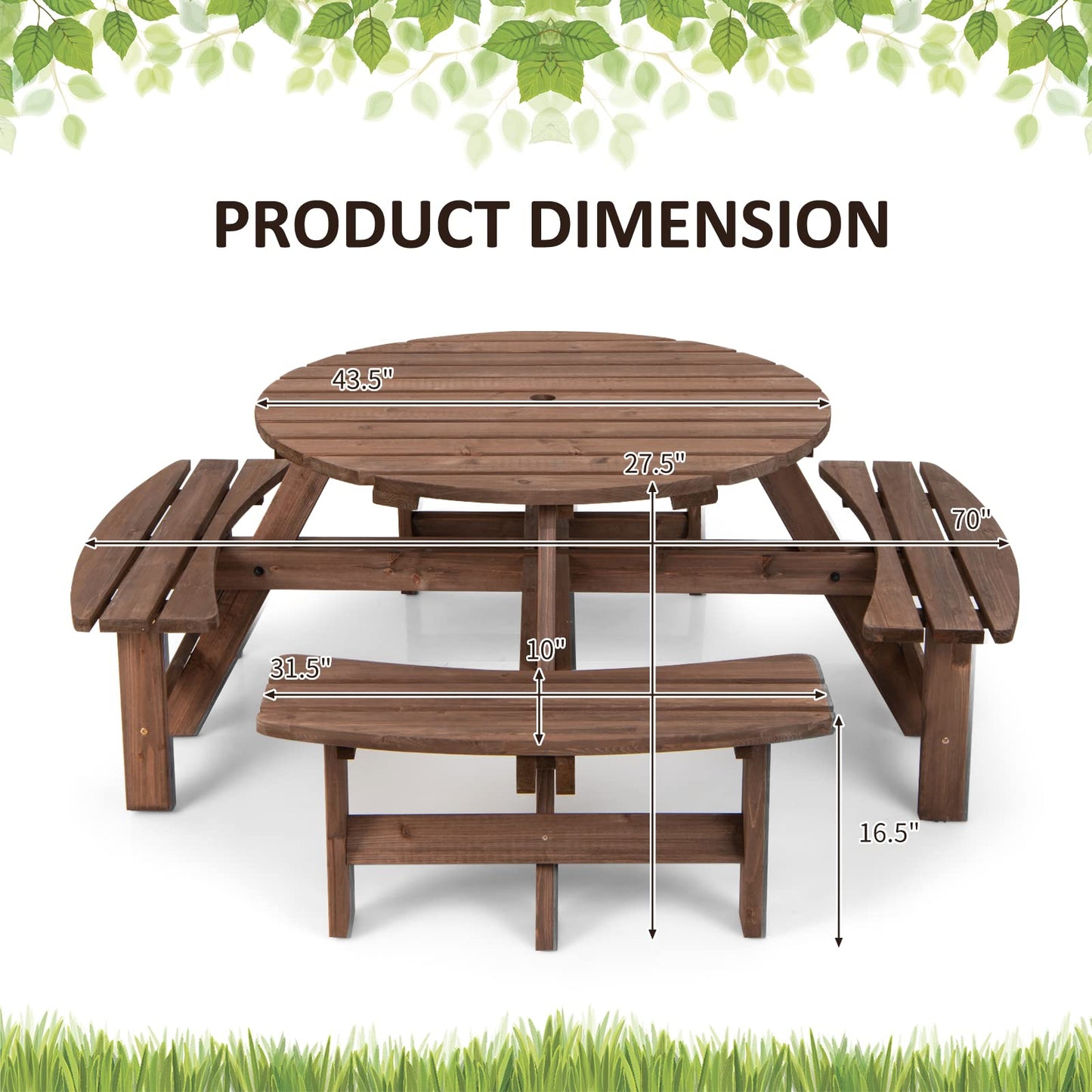 Tangkula 8 Person Wood Picnic Table, Outdoor Round Picnic Table with 4 Built-in Benches, Umbrella Hole, Outside Table and Bench Set for Garden, Backyard, Porch, Patio, 500lbs Capacity Per Bench