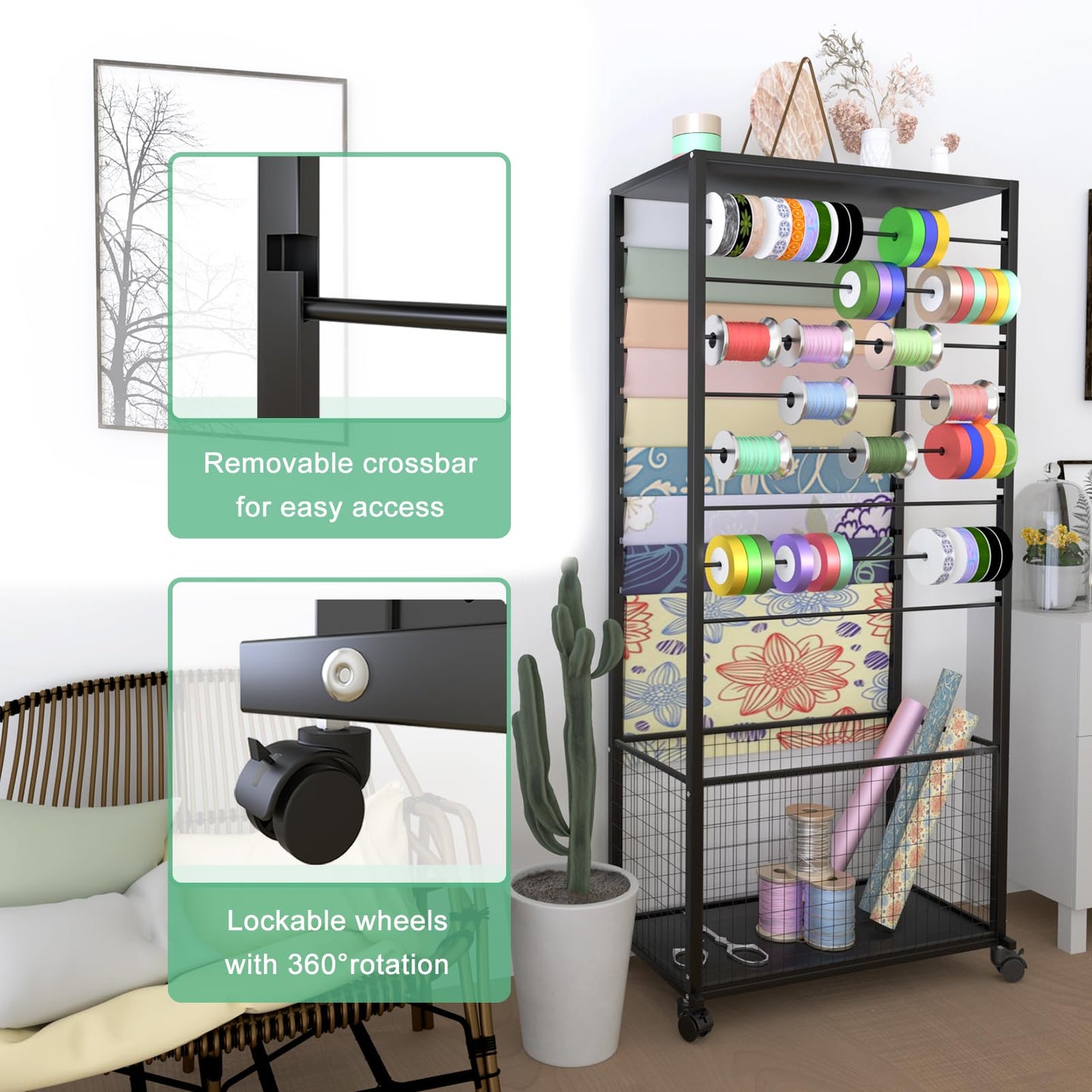 FWTXZTER 16 Tier Ribbon Organizer Rack, Double-Sided Ribbon Storage Holder for Craft Room, Floral Wrapping Paper Stand with Wheels, Rolling Ribbon Spool Racks Metal Display Shelf Sewing Station Cart