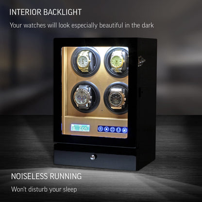 Automatic Watch Winder with LED Light, Storage Drawer and LCD Touchscreen Control (Black + Brown)
