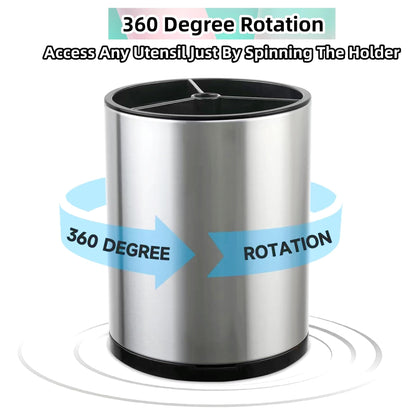 LIBODOUR Kitchen Utensil Holder Extra Large 360°Rotating For Counter Organizer Stainless Steel Storage Cooking Silverware Caddy 3 Compartment Flatware Spoon Spatula Tool Cutlery Container（Silvery）