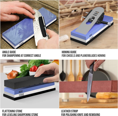 YeopAsda Knife Sharpening Stone Kit, Premium 4 Side Grit 400/1000 3000/8000 Whetstone Knife Sharpener Tool, Non-Slip Bamboo Base,Cut Resistant Gloves, Angle Guide
