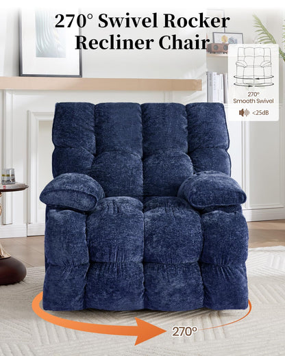 GARTMILAN Oversized Power Swivel Rocker Recliner Chair for Big and Tall, Electric Chenille Glider with USB Ports, Extra Wide Overstuffed Reclining Sofa for Living Room Nursery, 375lbs (Blue, Power)