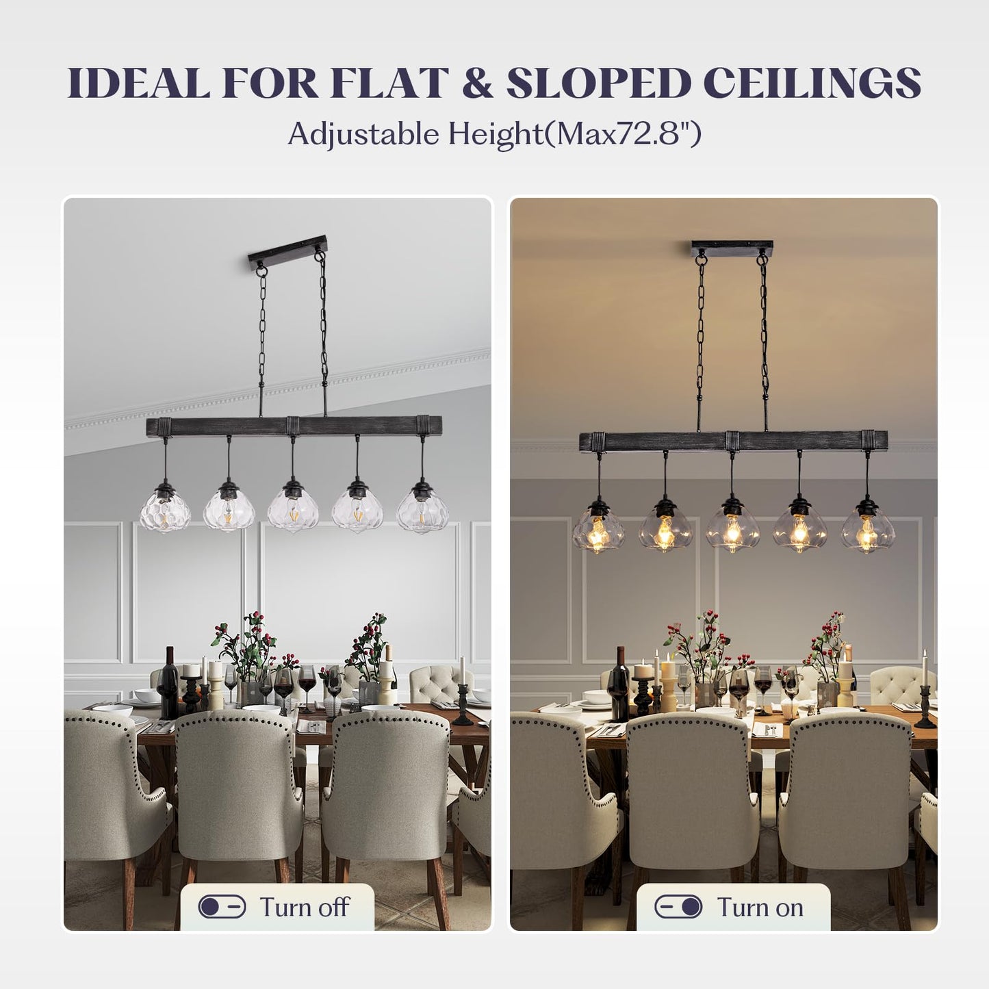 7PMBEANE Linear Chandelier for Dining Room, Modern 5-Light Kitchen Island Lighting,Black Farmhouse Linear Chandelier with Glass Shades, L39IN+W5.5IN+H7.9IN