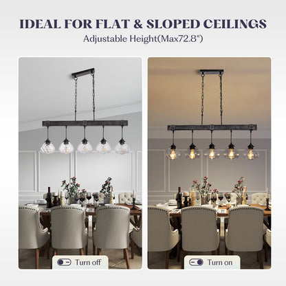 7PMBEANE Linear Chandelier for Dining Room, Modern 5-Light Kitchen Island Lighting,Black Farmhouse Linear Chandelier with Glass Shades, L39IN+W5.5IN+H7.9IN