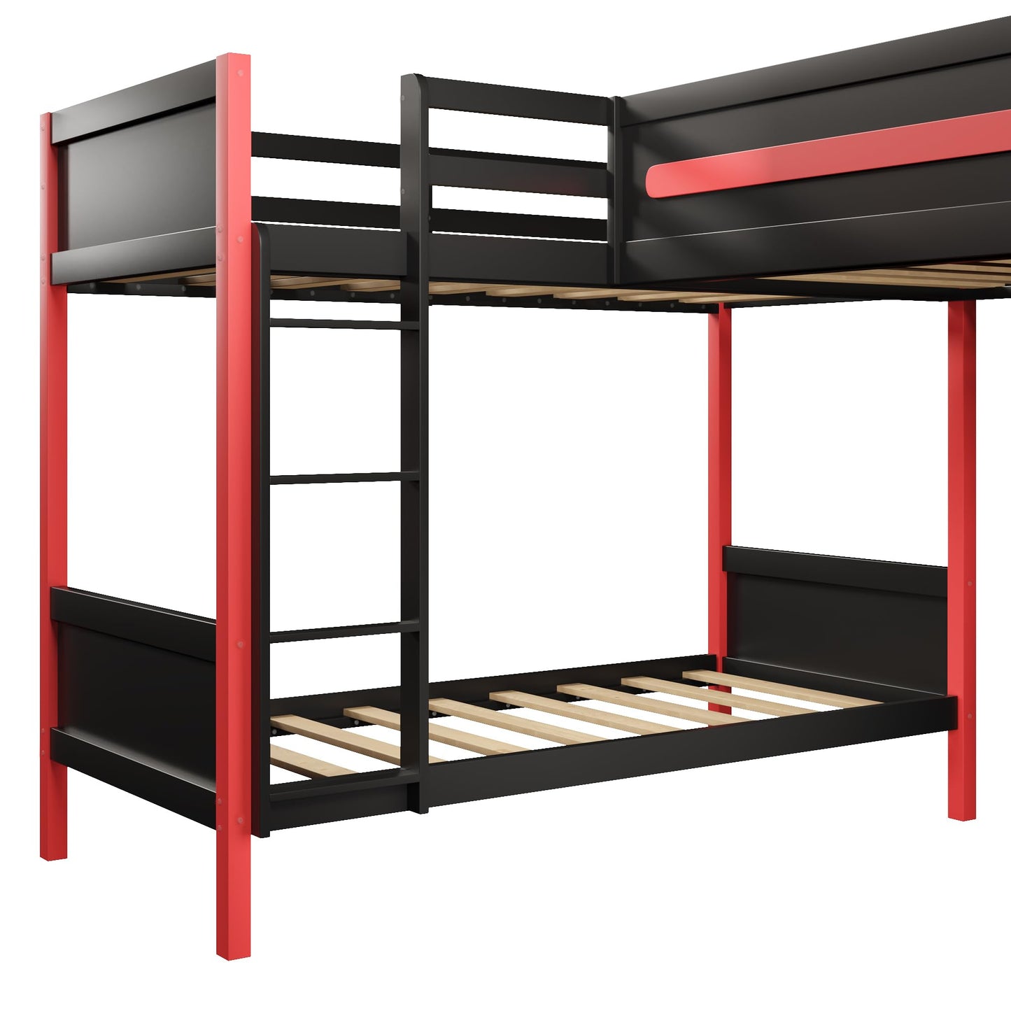 Merax L-Shaped Twin Size Triple Bunk Bed for 3 People, Wood Gaming Loft Bed with Built-in Desk, Shelves, Lights and Full-Length Guardrails, Black+Red