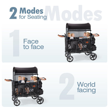 ZTDM Wagon Stroller for 4 Kids, All-Terrain Wagon for Toddler with Canopy, Parent Organizer, Shoulder Bag, Adjustable Handlebar, Phone Holder, High Seat & 5 Point Harness, Ultimate Quad (Black)
