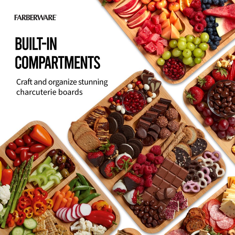 Farberware Build-A-Board Bamboo Cutting Board with Built-In Compartments & Clear Locking Lid, Black Handles – Charcuterie, Snack Tray, Food Prep and Serving Platter