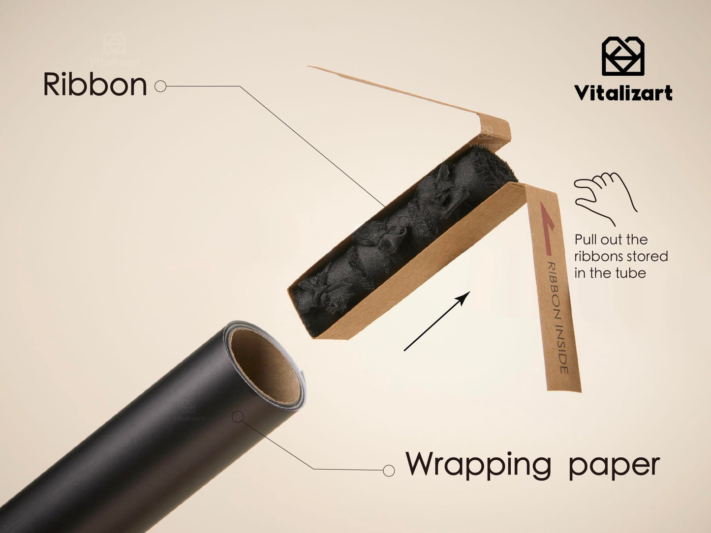 Vitalizart Black Matte Metallic Wrapping Paper Set 17" With Silk Satin Ribbon & Gift Tags Christmas Gift Wrapping Birthday Baby Shower Wedding Bouquets Handmade Crafts 197"(16.4 Ft) Black Ribbon
